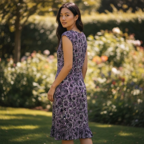 EUC GLAMOUR Sz.12 Purple/White Midi Length Abstract Circles Print Dress - Picture 2 of 8